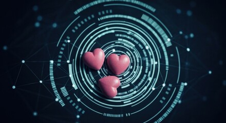 Three Pink Hearts Floating Above a Futuristic Digital Network Display With Blue Glowing Lights and Dark Background