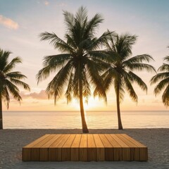 Tropical Beach Stage at Sunset with Palm Trees and Ocean View