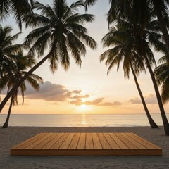 Tropical Beach Sunset With Wooden Platform For Presentation And Palm Trees