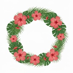 Tropical Floral Wreath With Pink Hibiscus Flowers Green Palm Leaves White Background
