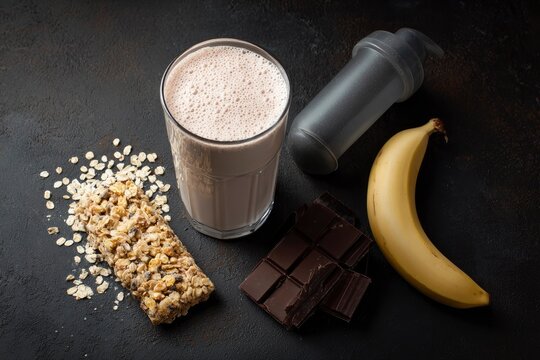 This top-down still life composition presents a balanced collection of nutritious and energizing items arranged artfully on a dark, textured background. A tall glass filled with a frothy, creamy bever
