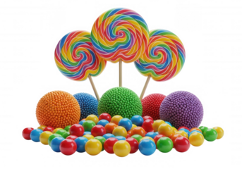 Colorful candy assortment with lollipops and gumballs isolated on a transparent background