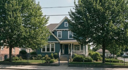 Turquoise Blue Two Story House with White Trim and Green Trees in Front Yard Daytime