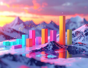 Colorful Bar Graph Landscape - Data Visualization in a Mountainous Setting.