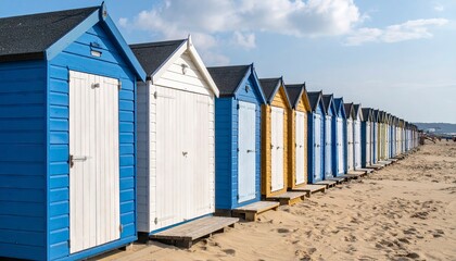 Fototapeta premium Colorful Beach Huts on Sandy Shoreline - A Coastal Retreat.