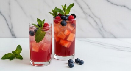 Two Tall Glasses Filled With Refreshing Red And Pink Berry Drinks Garnished With Fresh Mint Leaves And Berries