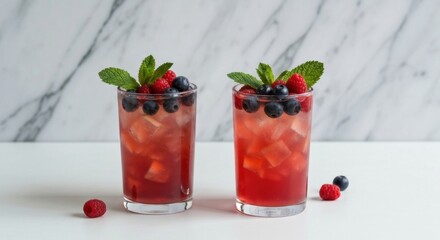 Two tall glasses of red berry iced drinks with fresh mint and blueberries on a white table with a marble background