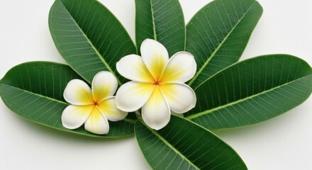 Two white frangipani flowers with yellow centers resting on vibrant green leaves against a white background studio shot