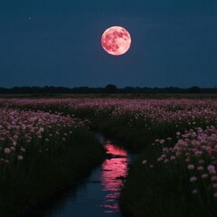 Vast field of pink flowers with a winding stream reflecting the bright pink full moon under a dark night sky