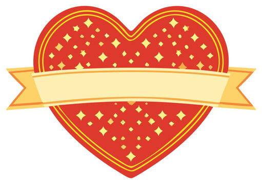 Vibrant red heart with sparkling golden stars and a blank yellow ribbon banner for text
