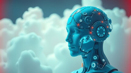 Digital Robot Head in Cloudy Futuristic Sky Scene