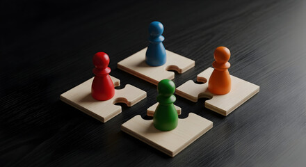 Obraz premium Teamwork puzzle pieces unite strategy with vibrant pawns for success