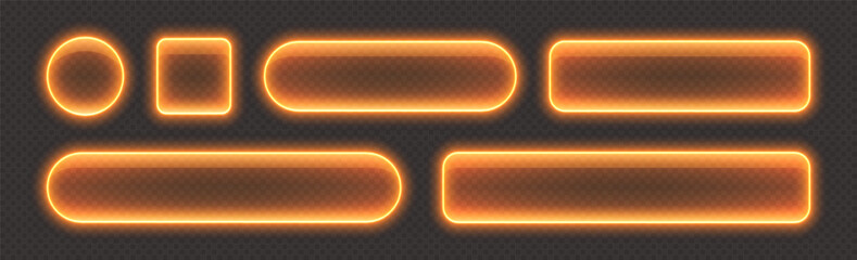 Glossy neon buttons, transparent banners made from glass, orange glowing frames. Futuristic design element. Vector illustration.