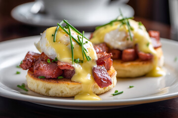 Indulge in brunch bliss with this eggs benedict masterpiece, a culinary adventure perfect for food bloggers, restaurant menus, and anyone craving delicious breakfast inspiration