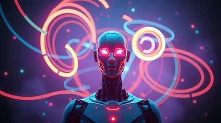 Futuristic AI humanoid glowing with red neural data light circuits