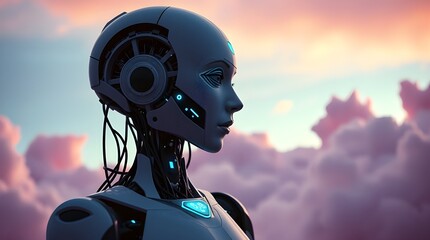 Side profile of futuristic female robot with mechanical details visible