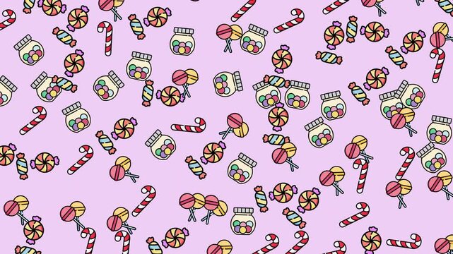 Colorful seamless candy pattern with lollipops, candy canes, and sweet jars on a soft pink background. Perfect for kids&rsquo; design, packaging, textile, wallpaper, and holiday projects.