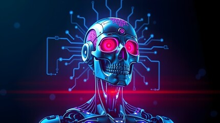 Metallic robotic skull glowing with artificial intelligence energy circuits