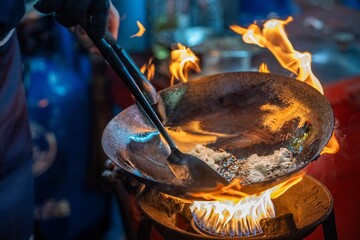 Pad Thai noodles is fried noodles cook in pan with big fire flame is hong kong style. Pad Thai famous Asian Thai street fast food in hot pan, Pad Thai is fried noodle dish a street food Thailand