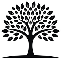 Stylized Tree Illustration with Dense Leafy Canopy in Black Silhouette Depicting Nature and Growth