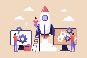 Team of people working together to launch a rocket symbolizing startup success and innovation
