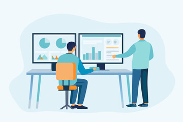 Two men analyzing financial data on multiple computer screens showing charts and graphs