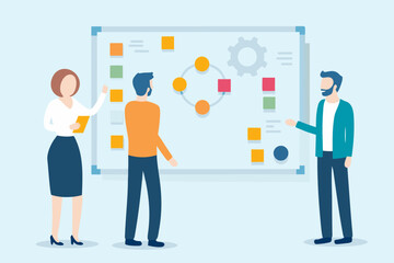 Diverse team collaborating on a project plan displayed on a whiteboard with sticky notes and flowcharts