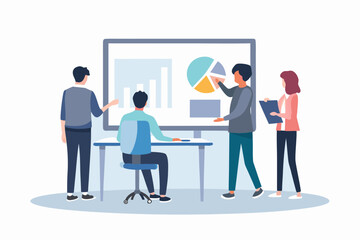 Fototapeta premium Diverse team collaborating on business strategy and data analysis presentation on a large screen