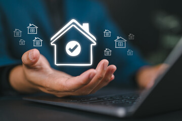 Real estate property industry concept. Real estate offers for sale and house for rent. Businessman analyzing mortgage loan home for planning to buy or rent property.