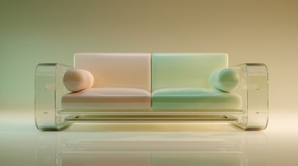 Futuristic Transparent Sofa with Pastel Cushions in Minimal Modern Interior