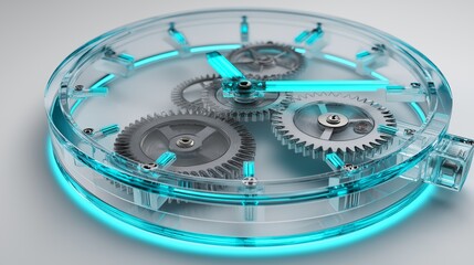 Futuristic Transparent Watch Mechanism with Blue Neon Light