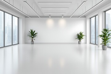 Fototapeta premium Bright and Spacious Modern Office Interior with Large Windows and Green Plants in Pots