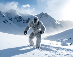 A large, furry humanoid figure in a snowy mountain landscape