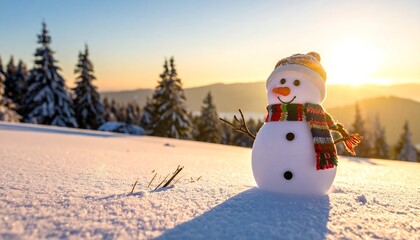A cheery snowman stands in snowy mountains during sunset