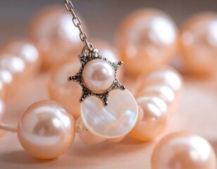 A close-up shot of a pearl necklace with a decorative pendant