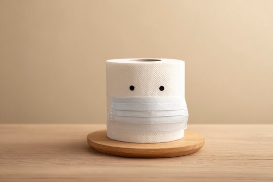 A humorous and symbolic image featuring a white roll of household tissue paper playfully adorned with small black eyes and wearing a light blue protective face covering. This charming setup stands upr