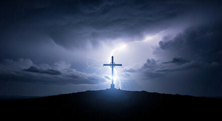 Obraz premium Illuminated Christian cross on a hill against a dramatic stormy sky with a powerful lightning bolt, symbolizing faith and hope, copy space