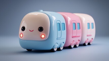 Cute pastel toy train with smiling face, 3D kawaii cartoon design on soft background