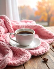 A cup of hot coffee rests on a pink knitted blanket by a window