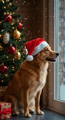 A dog wearing a Santa hat sits by a window next to a decorated Christmas tree, watching the snowfall outside.