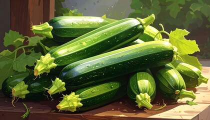 Digital illustration of several fresh, green, cylindrical vegetables