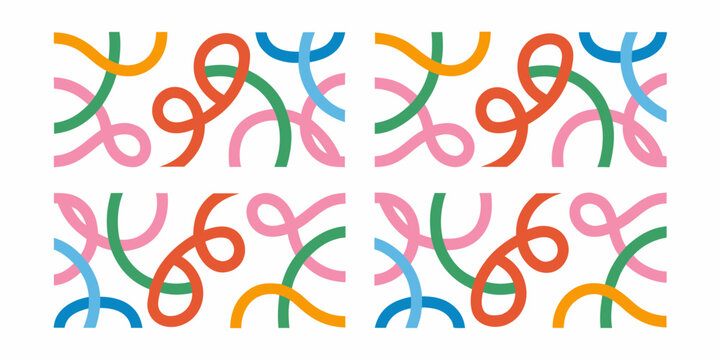 Playful abstract pattern with colorful curved lines and loops on a white background