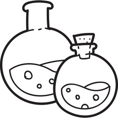 Black and White Outline Illustration of Two Round Glass Laboratory Flasks with Bubbling Liquid Contents on a Transparent Background Representing Science and Chemistry Experiments