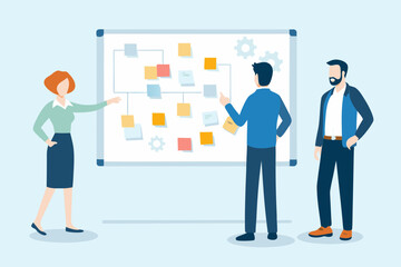 Diverse team collaborating and brainstorming ideas on a whiteboard with sticky notes and flowcharts