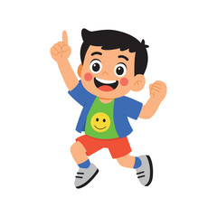 Cartoon boy jumping with index finger raised