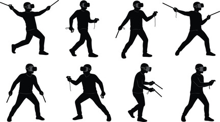 VR Gaming Silhouette, Man Wearing Virtual Reality Headset, Playing with Motion Controllers, Immersive Entertainment Vector Graphics.