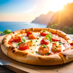 A fresh, delicious pizza with toppings, outdoor background