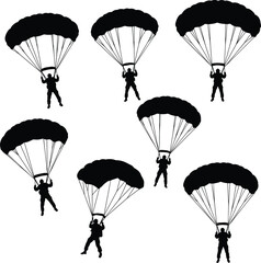 Silhouettes of Skydivers and Parachutists Descending with Open Canopies, Extreme Sport and Adrenaline Adventure, Air Force and Military Training

.