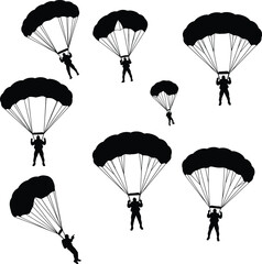 Silhouettes of Skydivers and Parachutists Descending with Open Canopies, Extreme Sport and Adrenaline Adventure, Air Force and Military Training

.