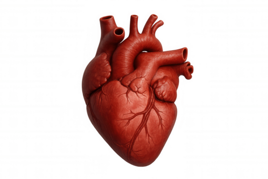Human heart organ displaying anatomy and vessels, symbolizing health, cardiology, and vital life function, transparent background
